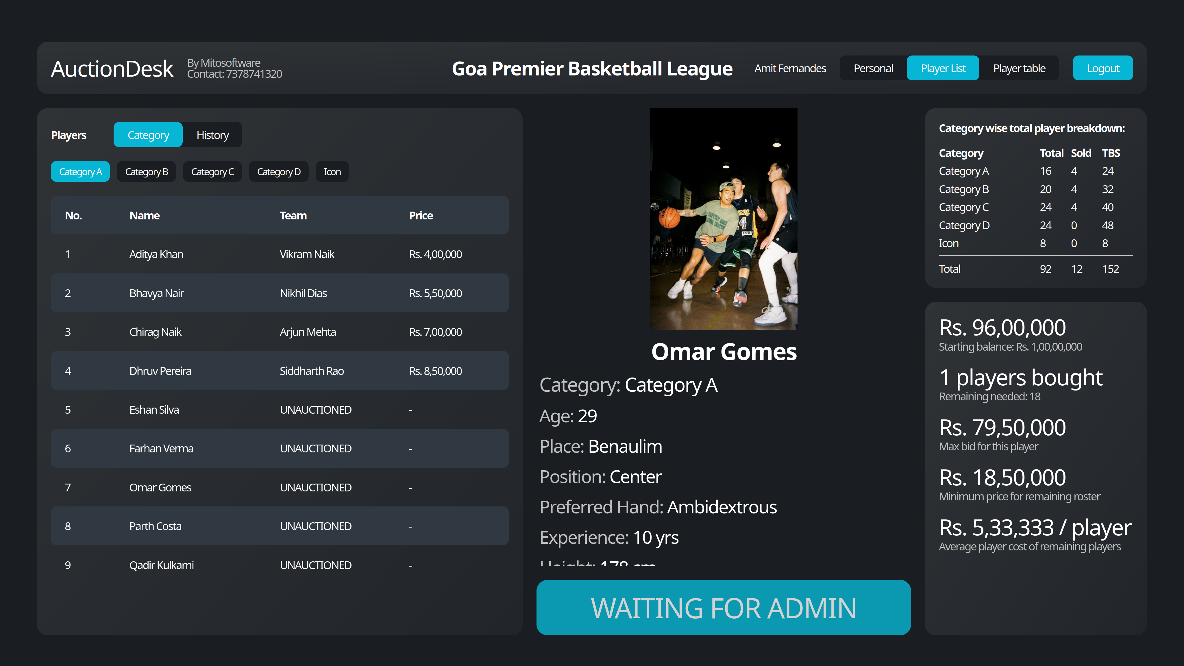 AuctionDesk hall spectator board showing current player, live bid, countdown, and sold list