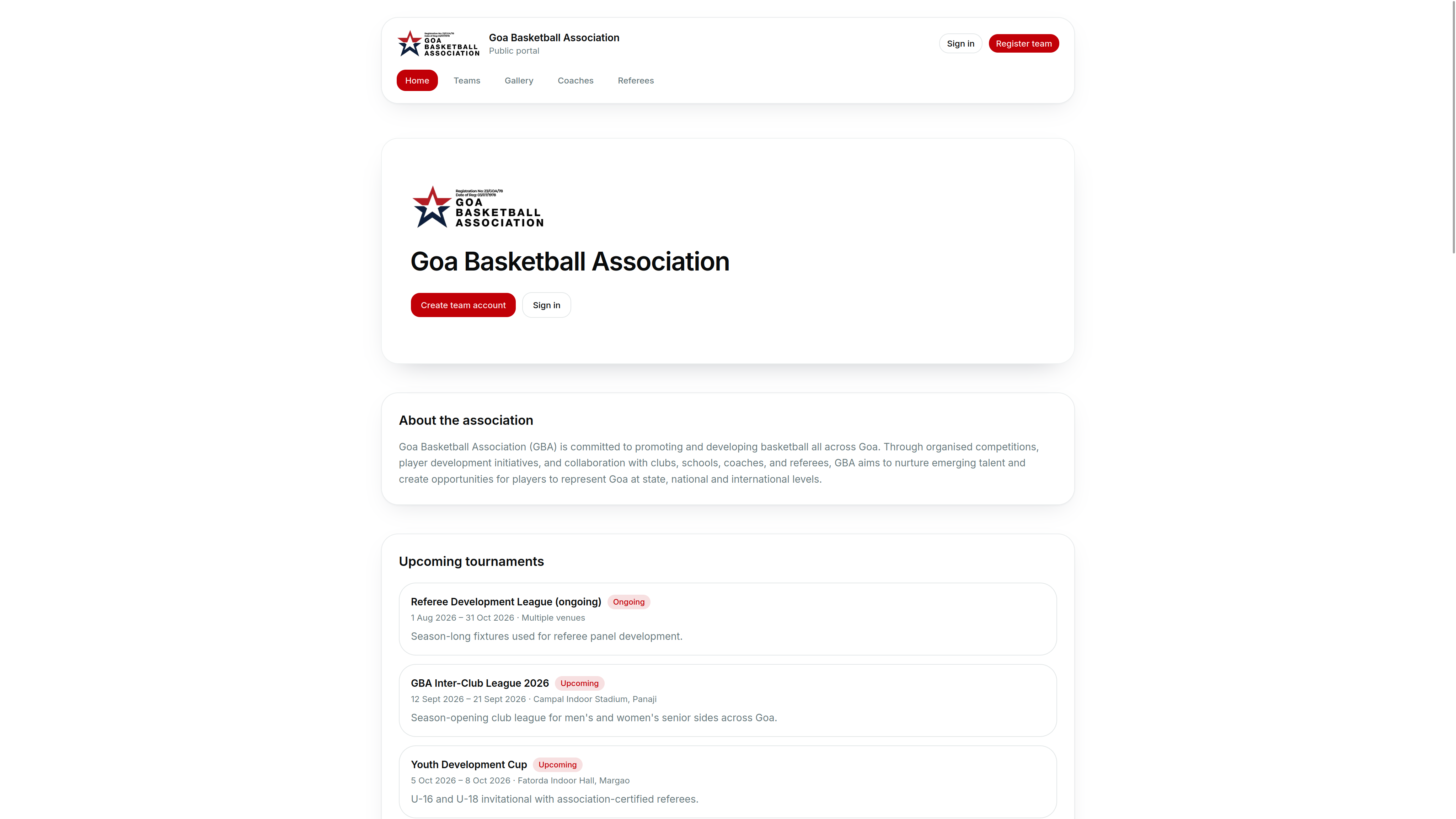Goa Basketball Association Portal homepage with season news and tournaments